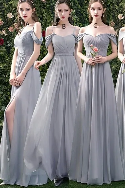 5 Styles Grey Chiffon Long Bridesmaid Dresses