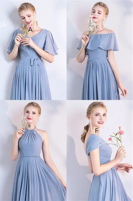 6 Styles Blue Chiffon Long Bridesmaid Dresses