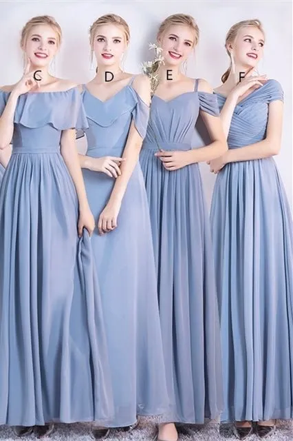 6 Styles Blue Chiffon Long Bridesmaid Dresses