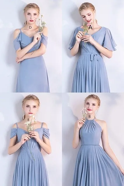 6 Styles Blue Chiffon Long Bridesmaid Dresses