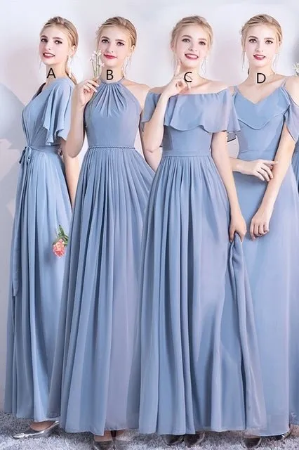 6 Styles Blue Chiffon Long Bridesmaid Dresses