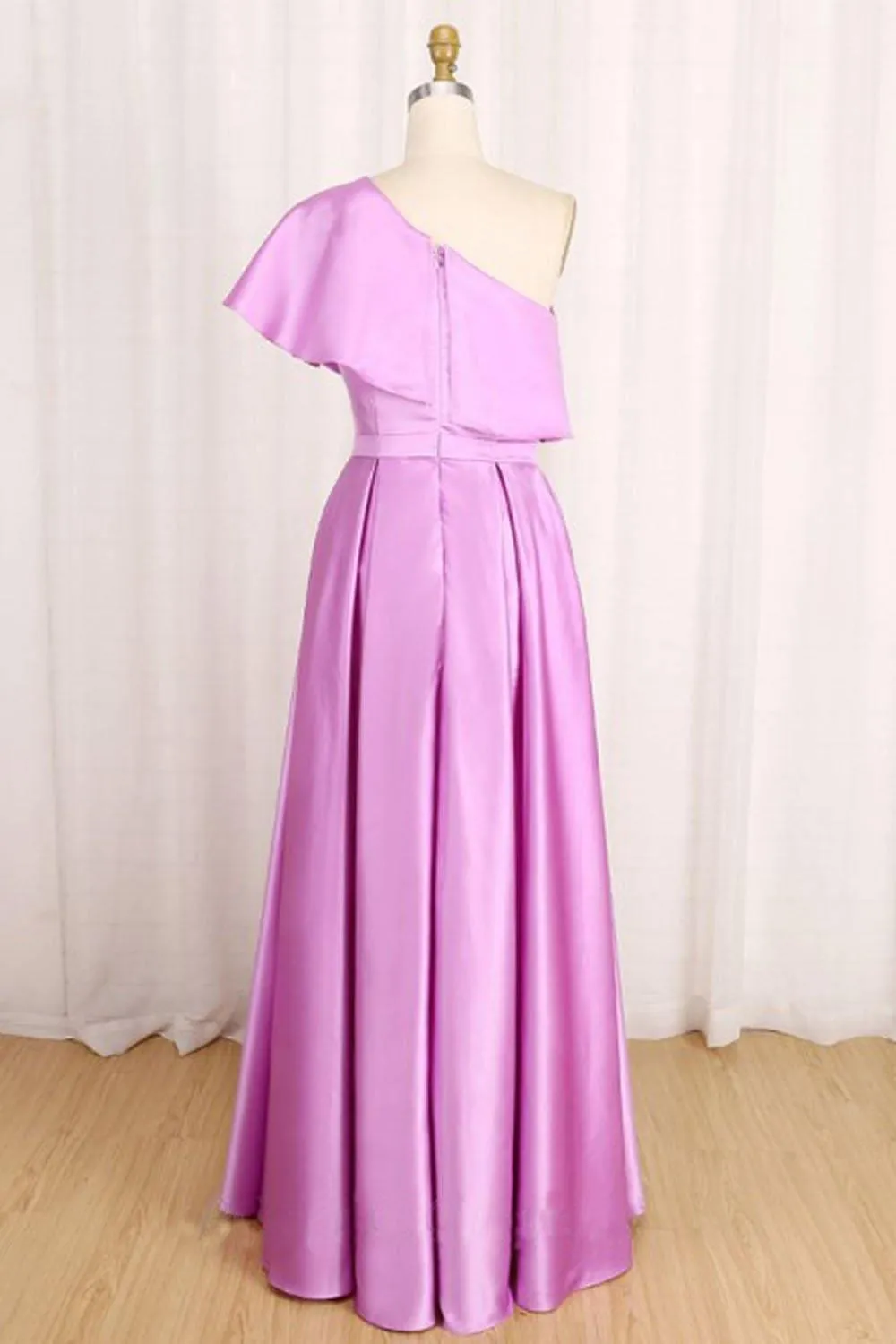A-Line One-Shoulder Long Satin Prom Dress Party Dress with Ruffles PSK138