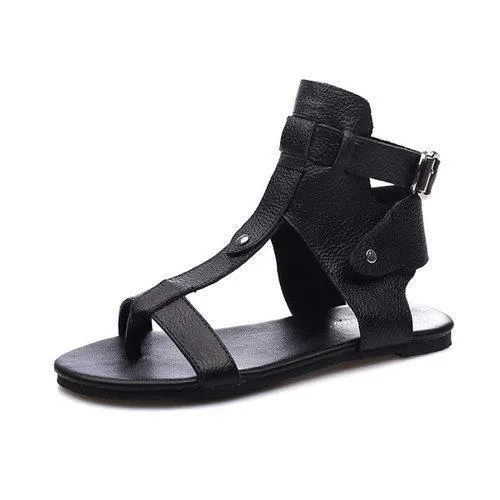 Black Leather Hollow Out Peep Toe Buckle Ankle Flat Roman Sandals Gladiators