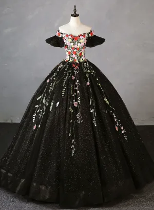 Black Off Shoulder Tulle Ball Gown Sweet 16 Dress, Black Floral Prom Dress Party Dress