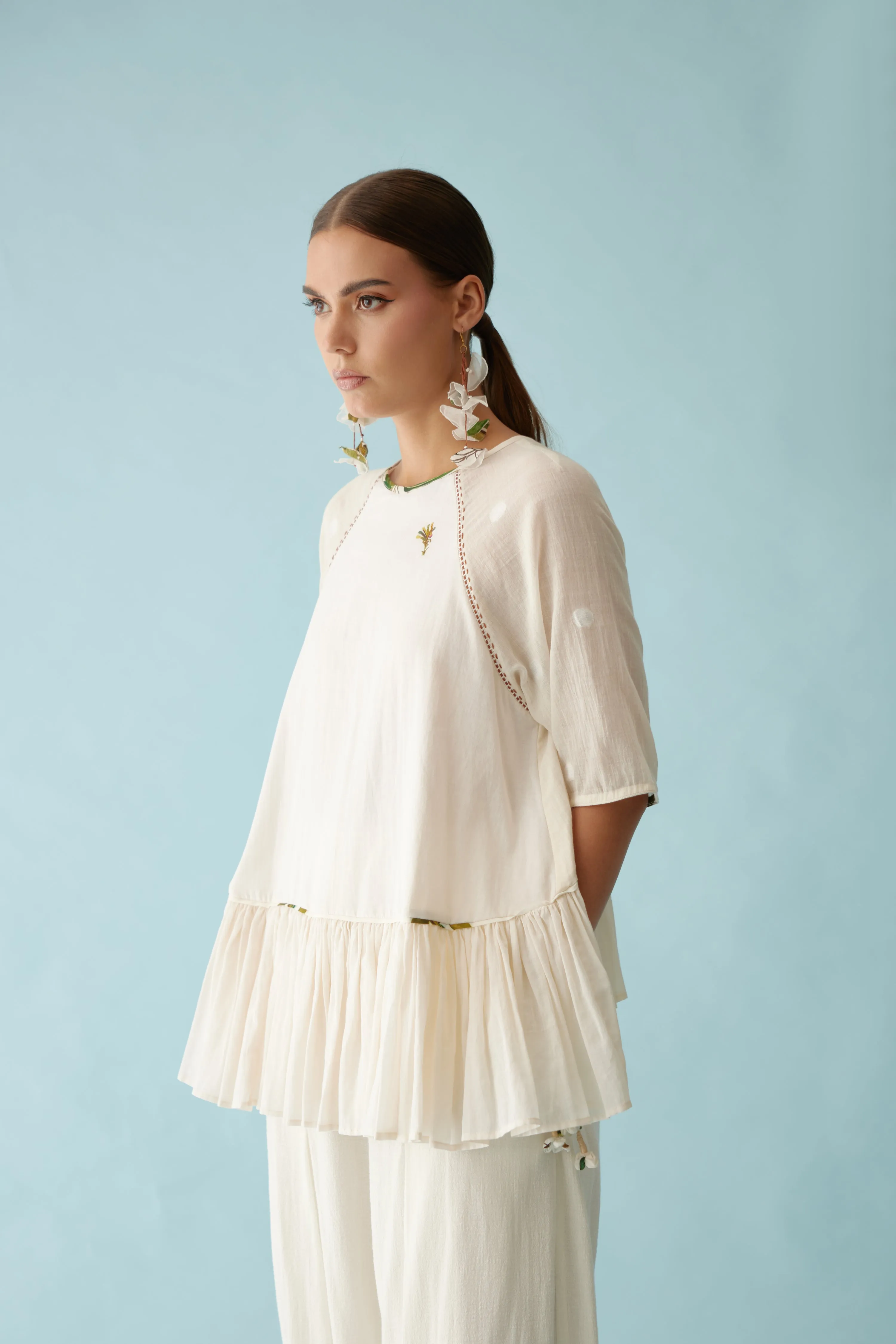 Cream handwoven jamdani cotton hi-low top