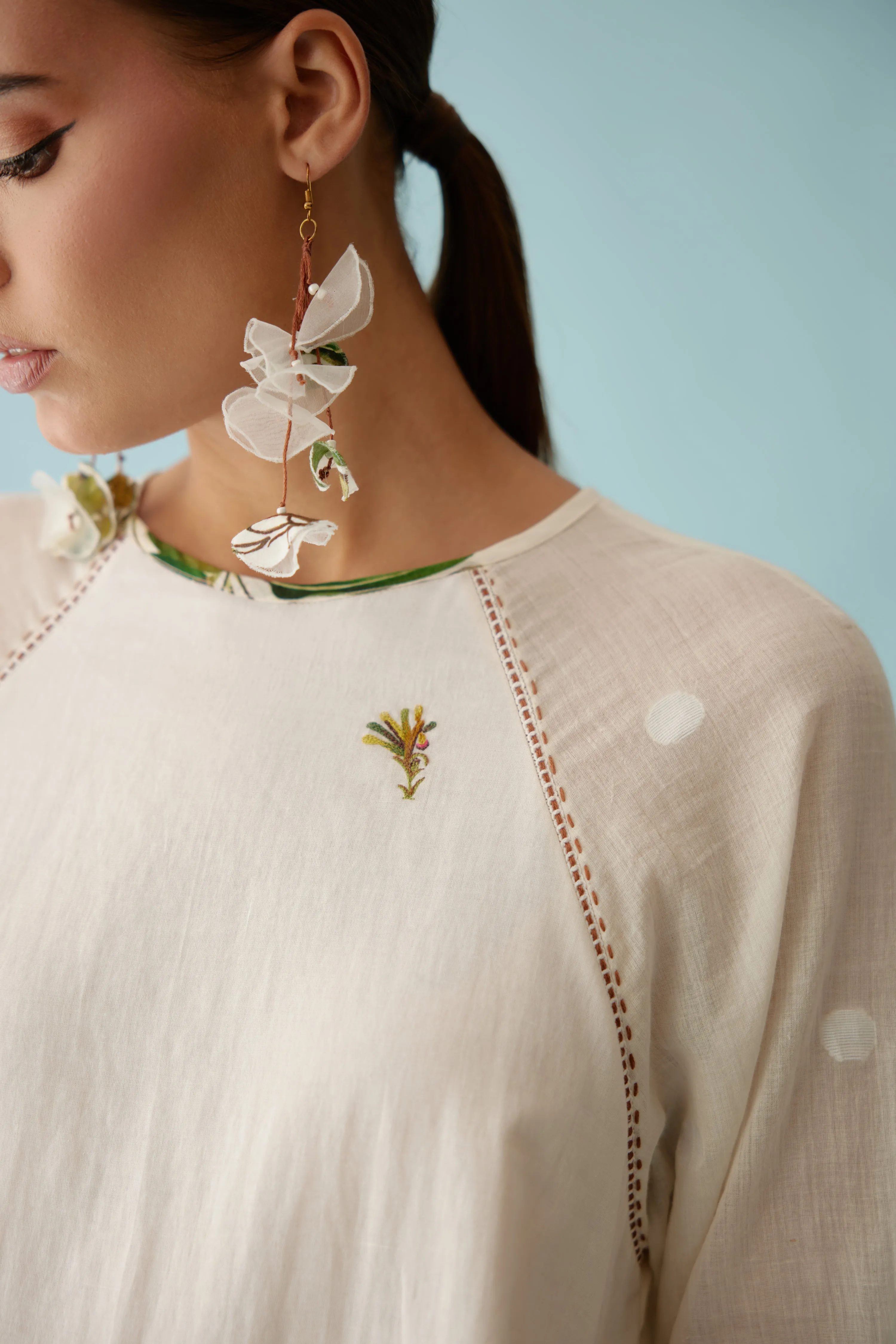 Cream handwoven jamdani cotton hi-low top