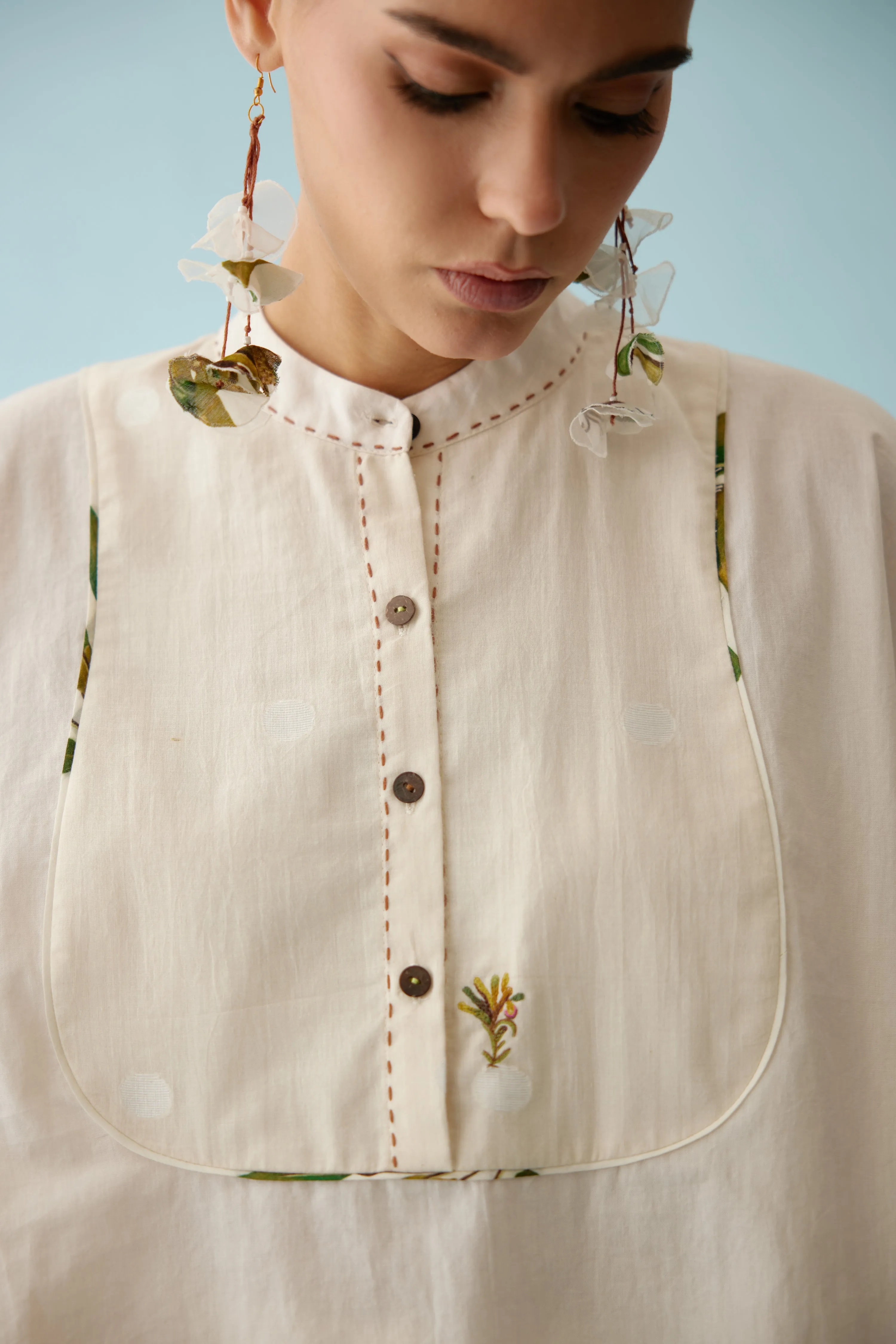 Cream handwoven jamdani yoke hi-low top