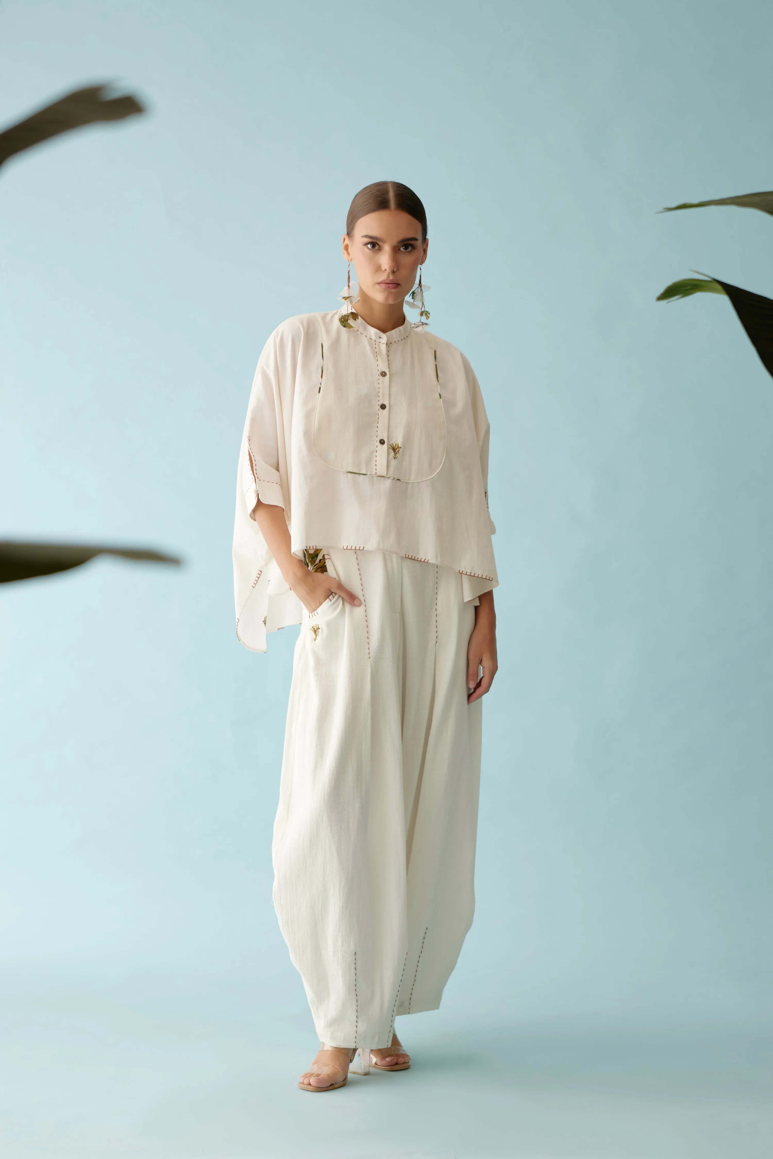 Cream handwoven jamdani yoke hi-low top