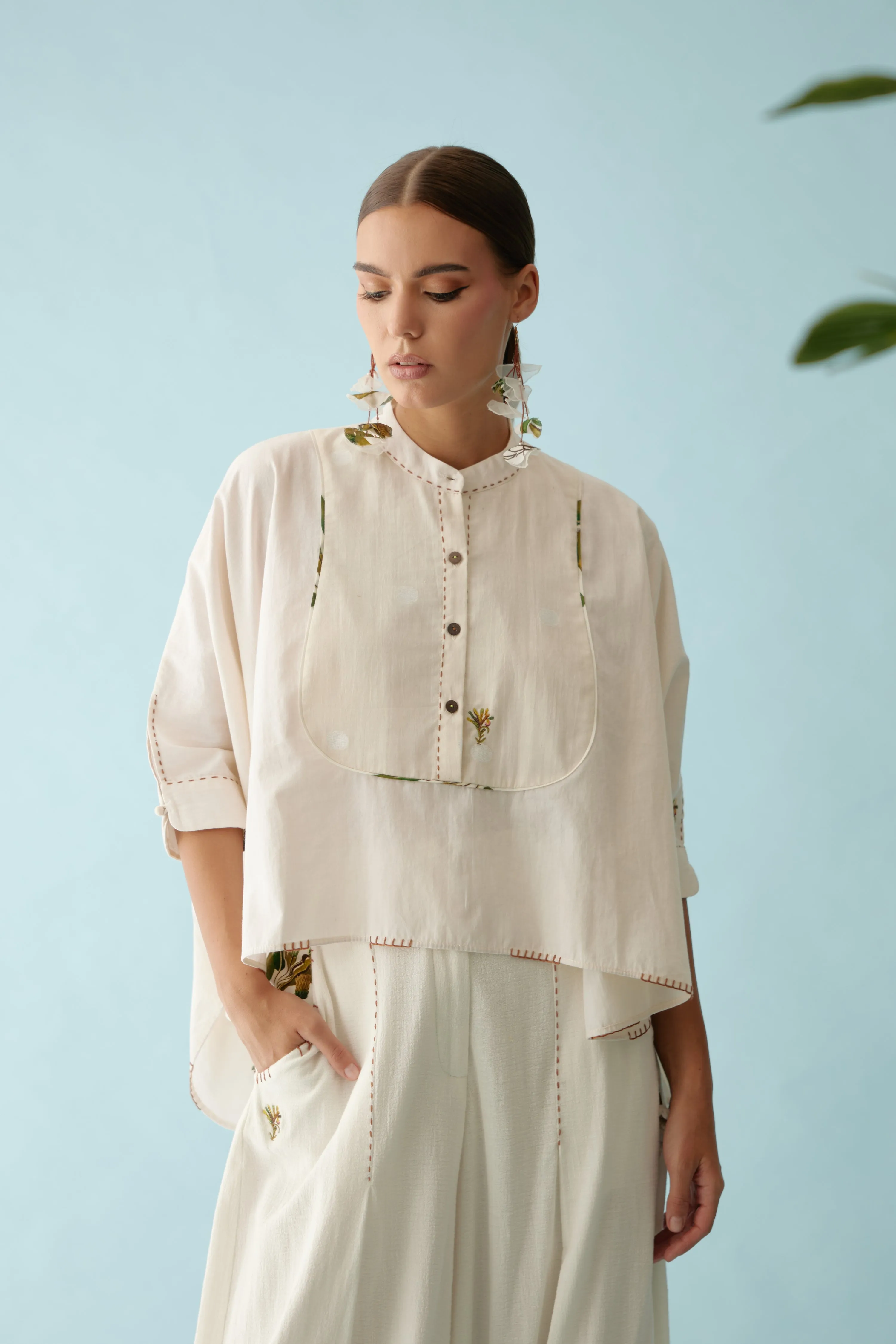 Cream handwoven jamdani yoke hi-low top