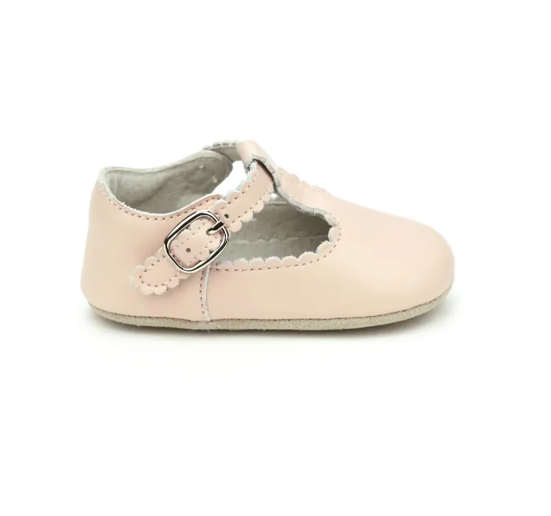 Elodie Scalloped T-Strap Mary Jane Crib Shoe, Pink (Infant)