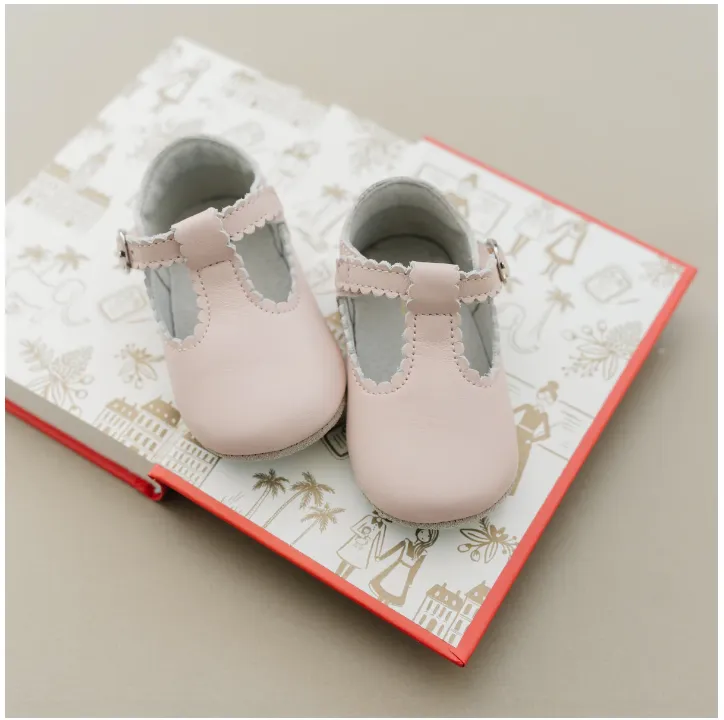 Elodie Scalloped T-Strap Mary Jane Crib Shoe, Pink (Infant)
