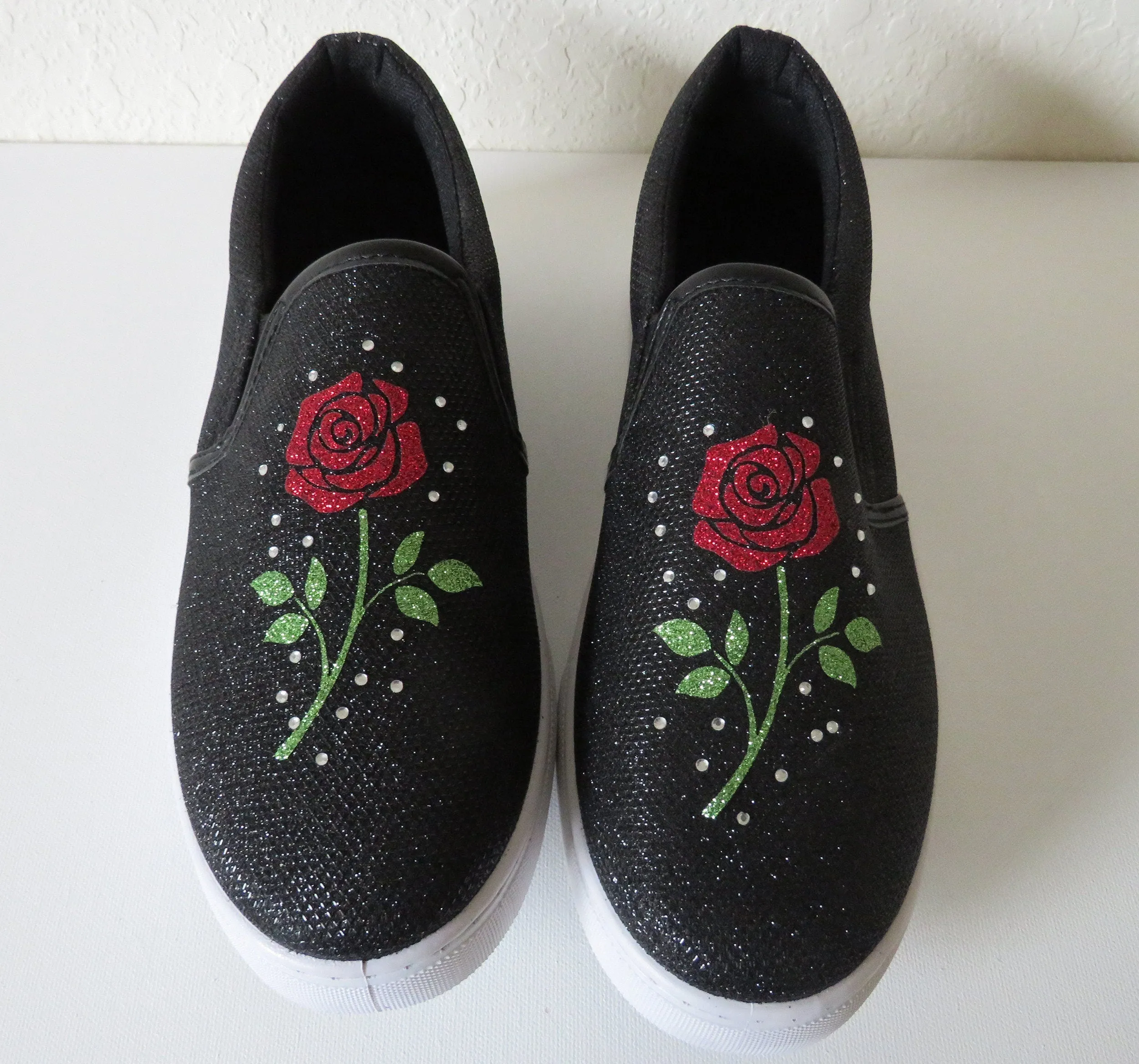 Flower Glitter shoes  /rose rhinestone shoes  / rose slip on  shoes / Mother's day Gift