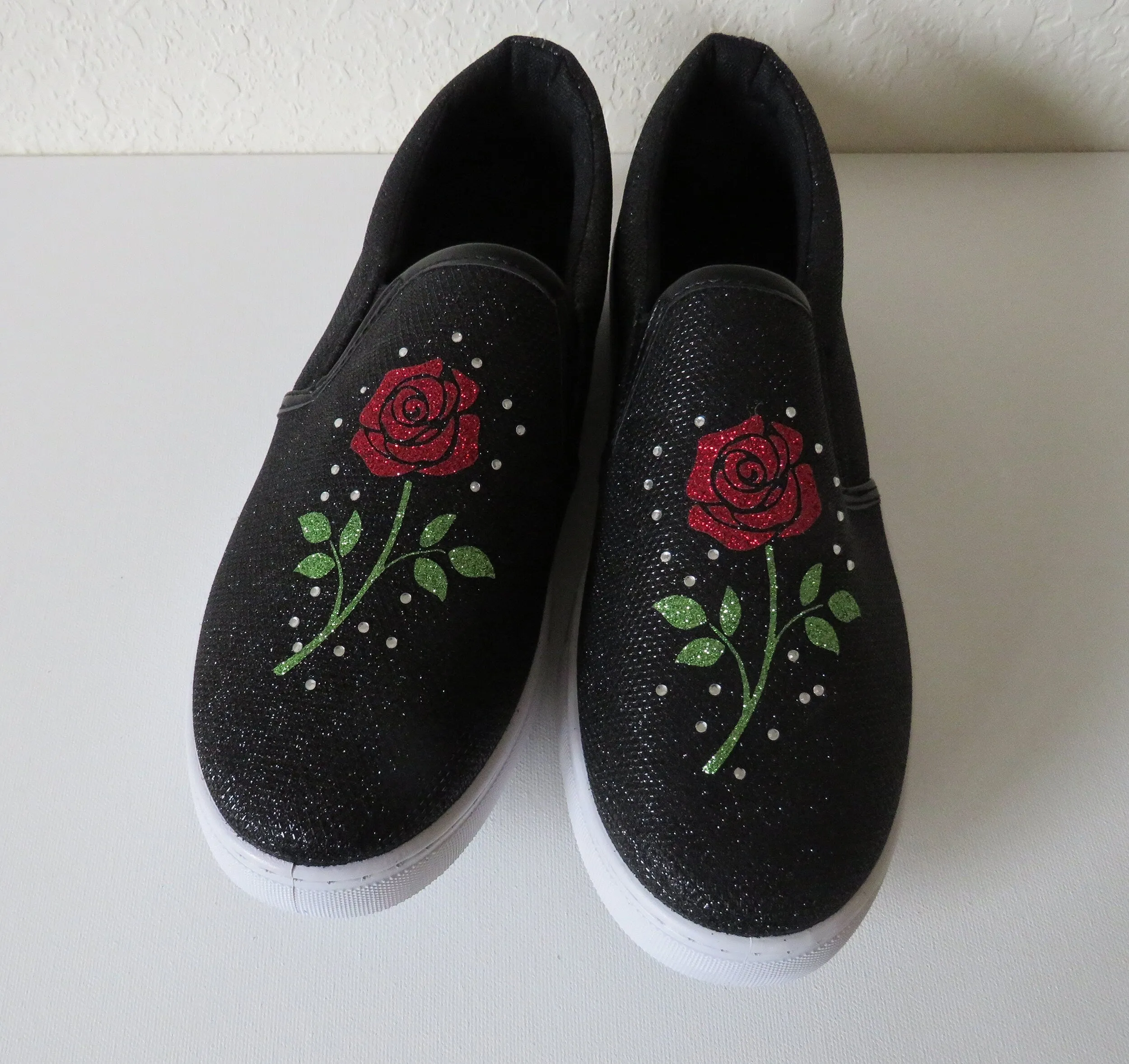 Flower Glitter shoes  /rose rhinestone shoes  / rose slip on  shoes / Mother's day Gift