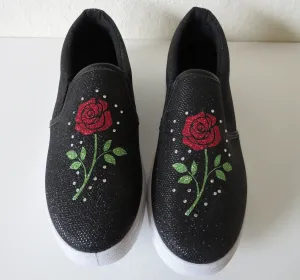 Flower Glitter shoes  /rose rhinestone shoes  / rose slip on  shoes / Mother's day Gift